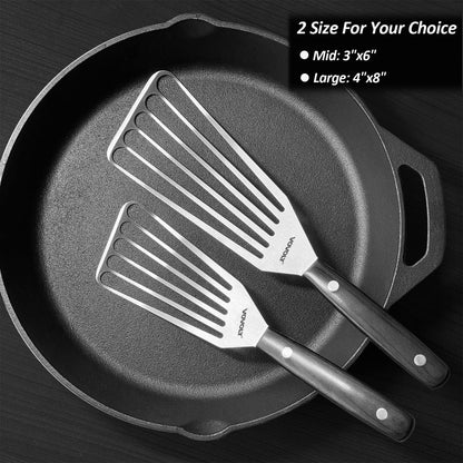 2 Pack Stainless Steel Fish Spatula Turner, Slotted Spatulas for Flipping, Turning, Frying & Grilling, Wooden Full Tang