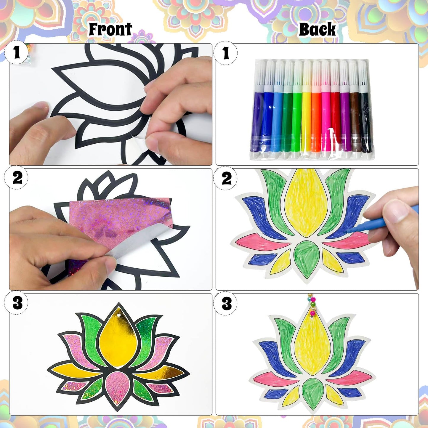Cinrobiye 24 Set Happy Diwali Craft Kits Diwali Party Favors Foil Art DIY Lotus Flower Hanging Ornaments Festival of Lights Deepavali Paint Craft for Indian Temple Sunday Classroom Activity Supplies