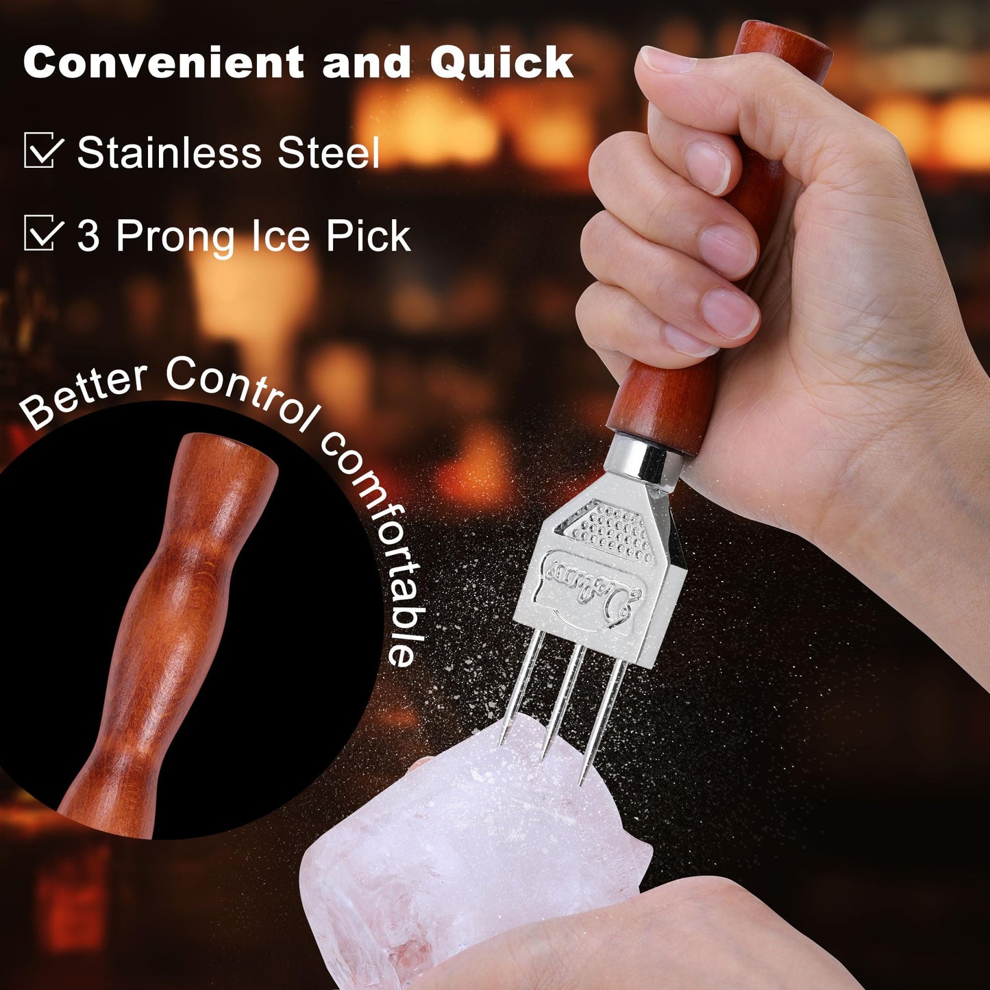 4Pcs Ice Pick Set, Stainless Steel Ice Chipper with Wood Handle, Bartender Kit Ice Crusher with Tong Ideal for Bars, Kitchen and Carving Craft Art