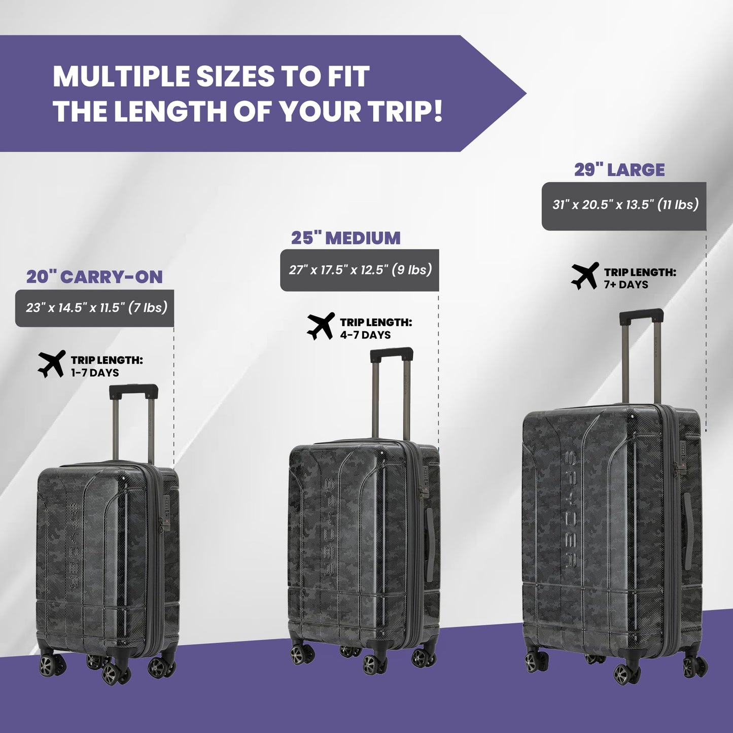Spyder Matrix 3 Piece Luggage Set with 360° Spinner Wheels, TSA Approved Lock, (20 Inch Carry On, 25 Inch Medium Luggage, 29 Inch Large Checked), Gray/Black