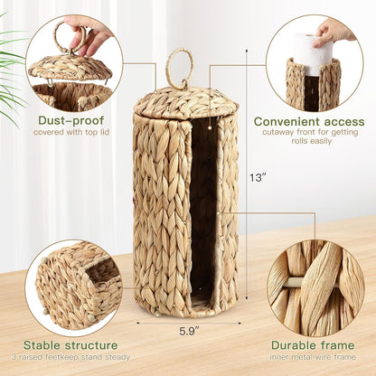 Skiennix Wicker Waste Basket - Handwoven Water Hyacinth Trash Can with Lid | Rustic Decorative 2.5 Gal for Home