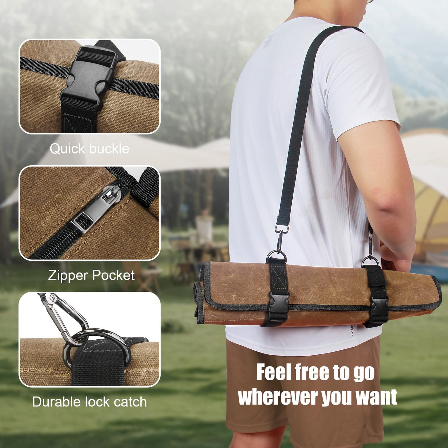 Chef Knife Roll Bag,Waxed Canvas Knife Travel Case,Heavy Duty Professional Knife Carrier Storage Holder with 10 Slots,Portable Kitchen Culinary Tool Organizer for Men,Fits up to 18.8” Knives.Khaki