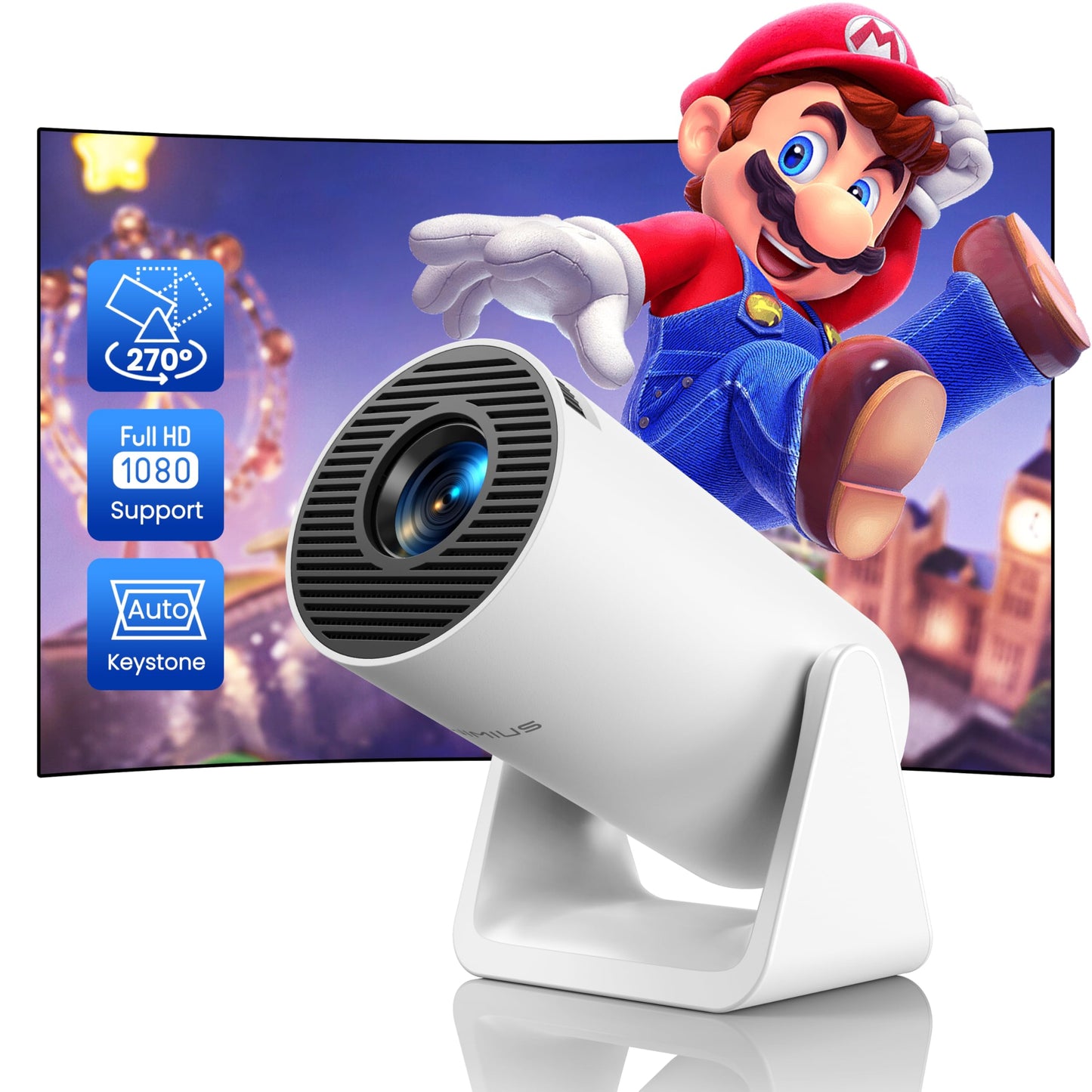 [Short Throw/Adjustable Stand]Mini projector with WiFi and Bluetooth, 2025 Upgrade Outdoor Portable Movie Projector 1080P, Auto Vertical Keystone, Home Projector for Phone/TV Stick, WiMiUS S27 (White)