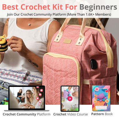 MODDA Crochet Kit for Beginners Adults and Kids - with Backpack and Video Course, Amigurumi and Crocheting Kit, Beginner Crochet Kit with Crochet Bag Backpack, Yarn, Hooks, Book, Crochet Starter Kit