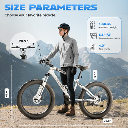 Incbruce 26 Inch Fat Tire Mountain Bike, High Carbon Steel Frame, 21 Speed MTB with Dual Disc Brakes for Men/Women/Adults (White)