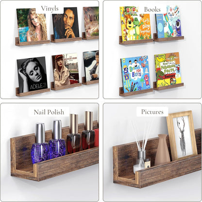12 inch Album Pack 6 Vinyl Record Shelf Wall Mount, Wooden Record Holder Display, of Floating Shelves for Wall
