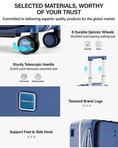 Hanke 28 Inch Top Opening Hard Shell Checked Luggage, PC Aluminum Frame Large Trunk Luggage with Cup Holder & USB Ports, TSA Lock, 8 Silent Spinner Wheels, Removable Divider, Interstellar Blue