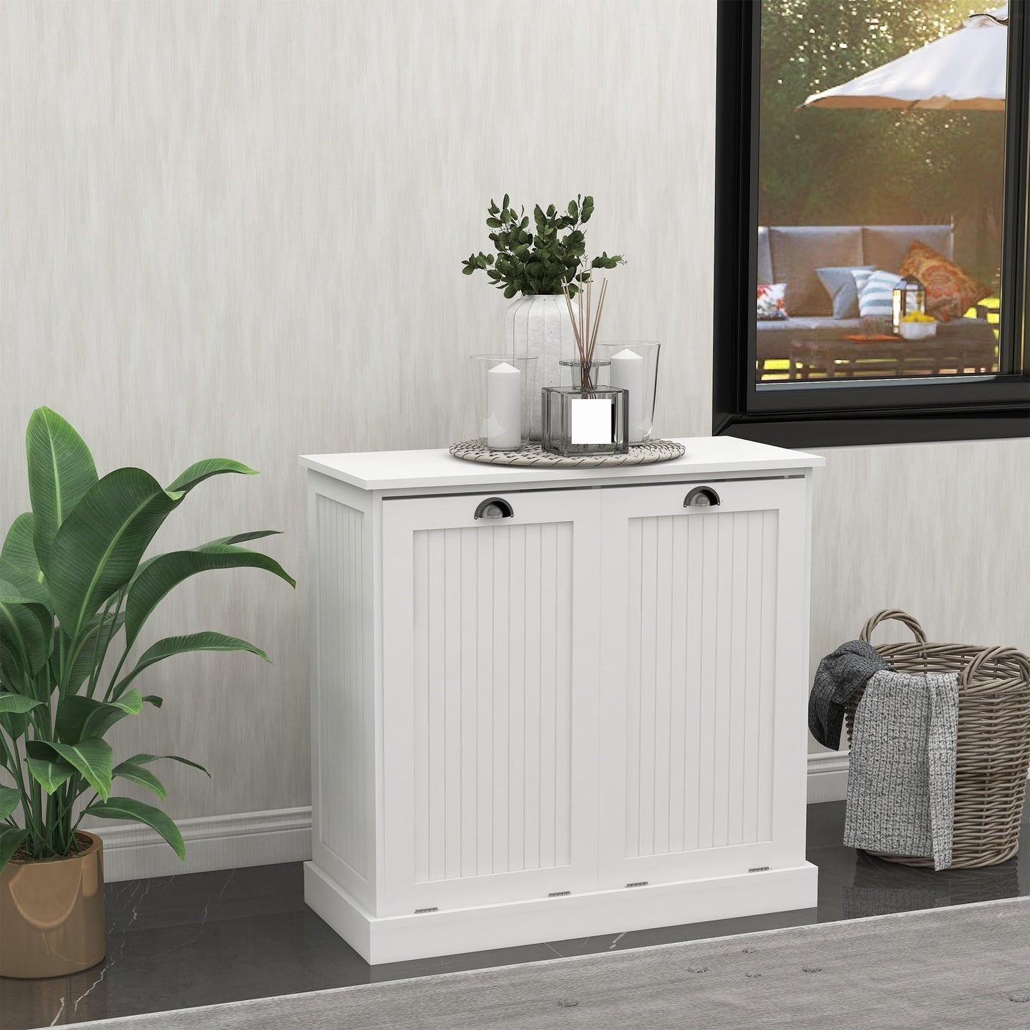 Contemporary Storage Cabinet, Two-Compartment Tilt-Out Laundry Sorter Cabinet, for Bathroom Hallway,for Kitchen Home