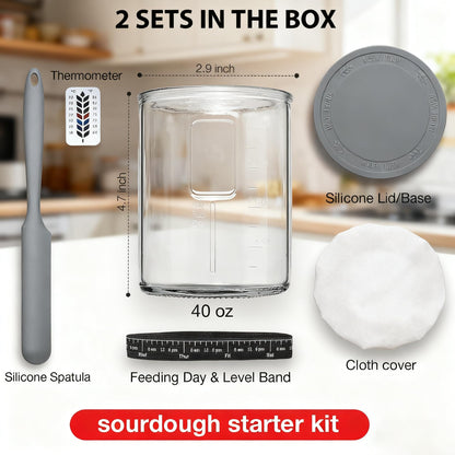 2 Pack Premium Pro Sourdough Starter Jar Kit - 40oz Large Wide Mouth Sourdough Bread Jar with Marked Feeding Band, Thermometer, Scraper, Cloth Cover & Silicone Lid/Base, Glass Container, Baking Supply