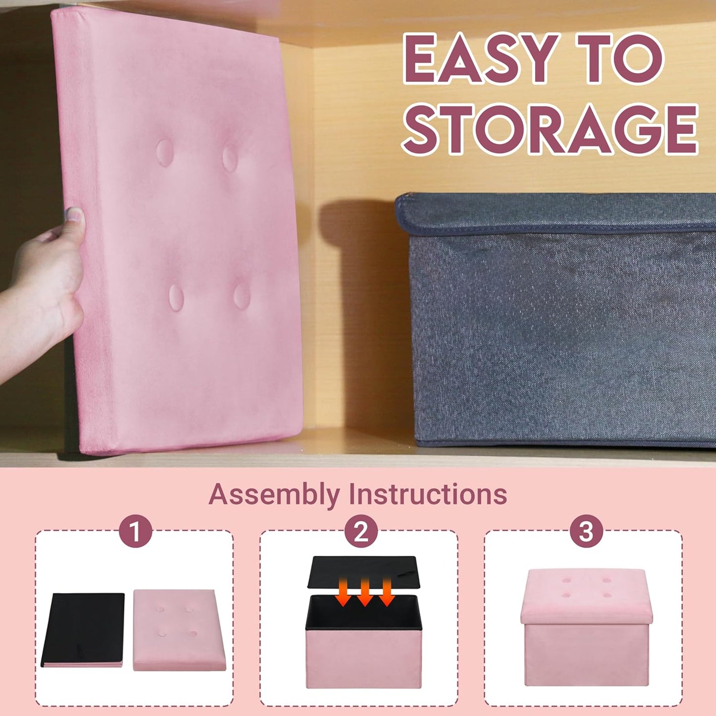 16"x12"x12" ZOES HOMEWARE Small Storage Ottoman Foot Rest, Velvet Ottoman with Storage and Side Pocket, Pink Foot Rest