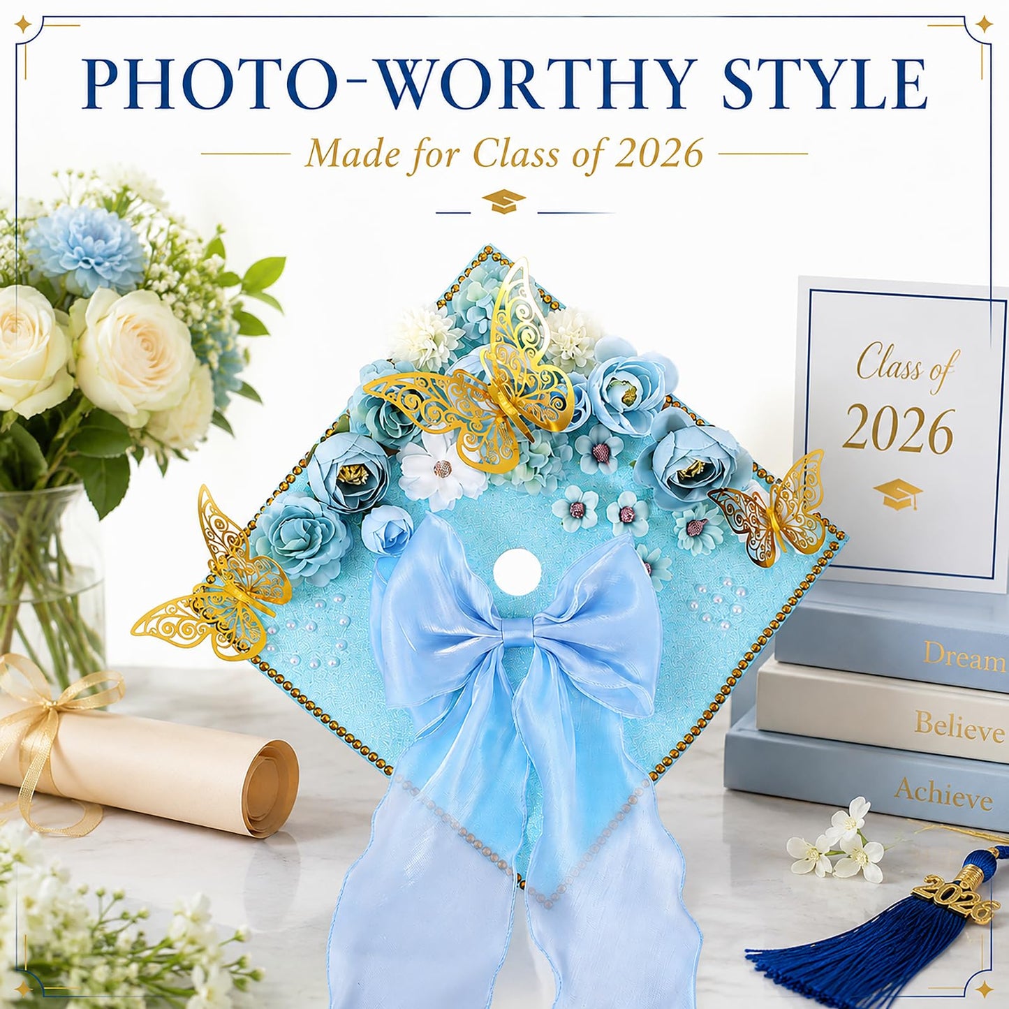 45 PCS DIY Graduation Cap Decoration Kit - 8 Cream Construction Paper with Artificial Flower Heads Bow 3D Butterfly Pearl Adhesive Dots Rhinestone Stickers for Grad Hat Topper DIY (Light Blue)