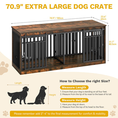 DWVO 71" Double Dog Crate Furniture for 2 Medium Dogs, Heavy Duty Wood Dual Dog Kennel TV Stand with Sliding Doors, Decorative Wooden 2 Dog Cage Table with Dog Bowls for Extra Large Dogs Rustic Brown