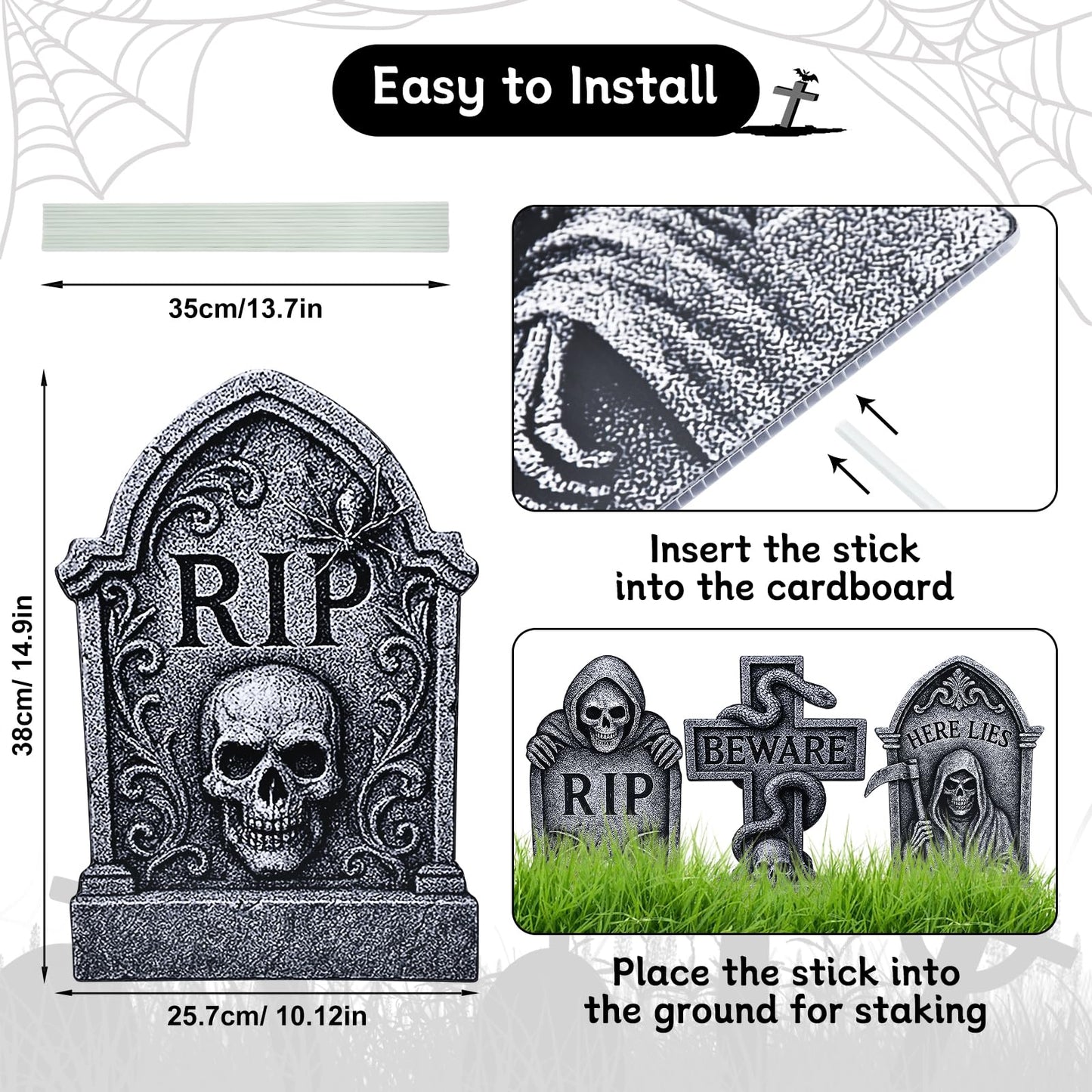 6 Pack Halloween Yard Signs Tombstone Set – 15 x 10 Inch Large Plastic Graveyard Decorations with Stakes, RIP Skull and Skeleton Tombstones for Lawn, Outdoor Haunted House and Party Decor