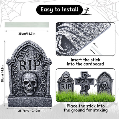 6 Pack Halloween Yard Signs Tombstone Set – 15 x 10 Inch Large Plastic Graveyard Decorations with Stakes, RIP Skull and Skeleton Tombstones for Lawn, Outdoor Haunted House and Party Decor