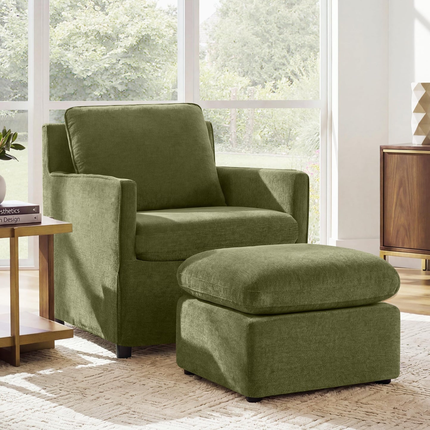 Upholstered Barrel Accent Chair with Storage Ottoman,Modern Armchair with Washable Slipcover for Living Room, Bedroom,Reading Spaces,Office,Green