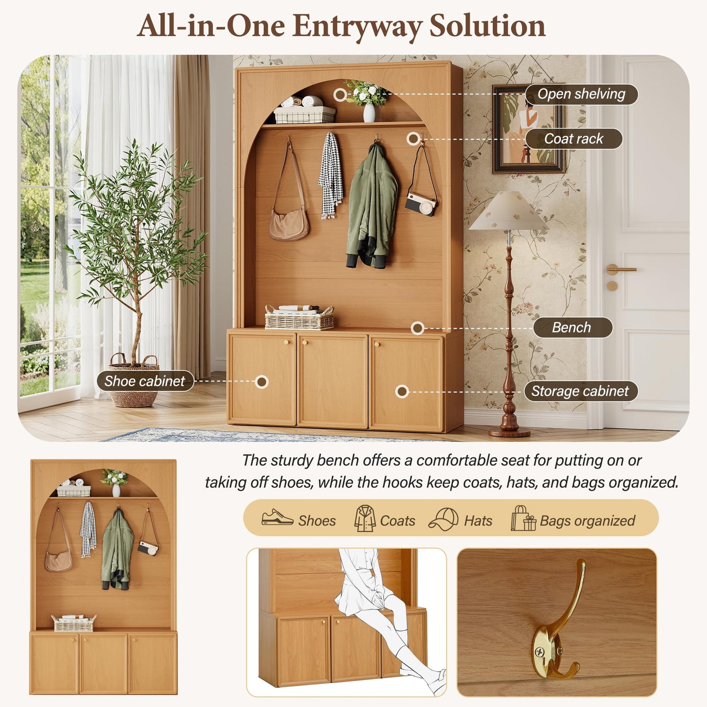 Merax Farmhouse Hall Tree with Bench and 3 Cabinets, 4-in-1 Entryway Coat Rack with 4 Golden Hooks and Top Compartments, 77.5" Retro Arched Entryway Hall Tree for Hallway, Mudroom, Entrance, Natural
