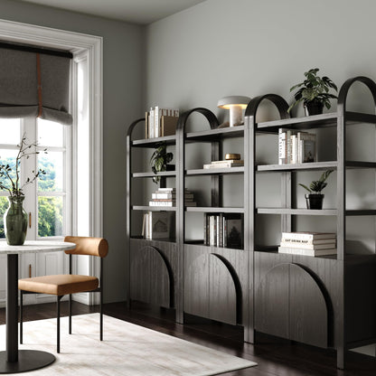 Nathan James Iris 3 Tier Bookshelf, Arched Bookcase Cabinet, Solid Wood Bookcase with Cabinet Base, Boho Bookshelf in Midnight Charcoal Finish, Set of 3