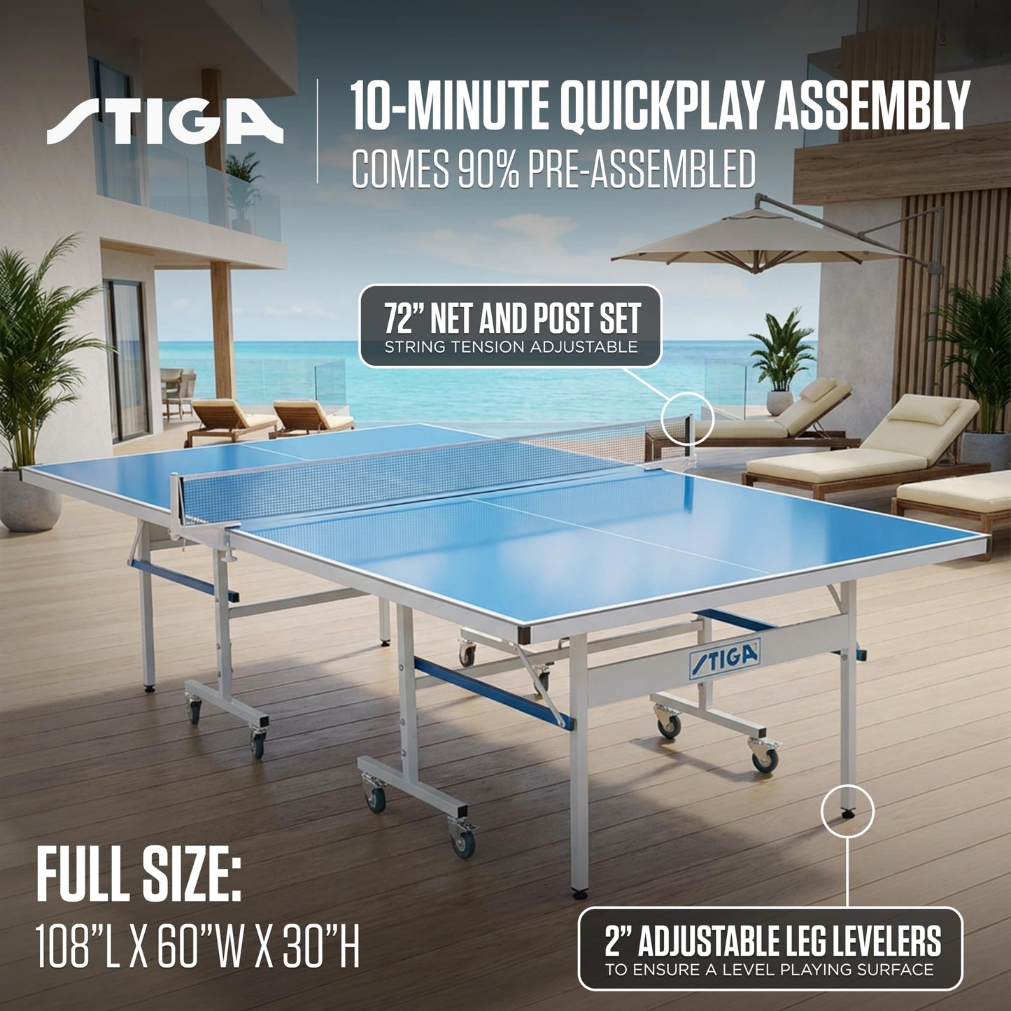 STIGA Outdoor Table Tennis Table – All-Weather Waterproof Aluminum Ping Pong Table with Net & Post, QuickPlay Assembly, 108" L x 60" W x 30" H, White-Blue