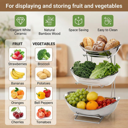 Goaste 3 Tier Ceramic Fruit Bowl, Oval Tiered Serving Bowl Set, Porcelain Fruit Basket with Metal Stand, Large Detachable Fruit Storage Holder Rack for Kitchen Counter, Vegetable, Cake, Dessert, Salad