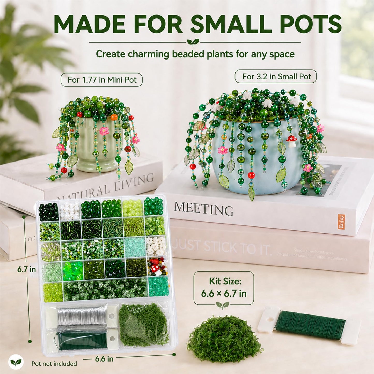 Scvotier Beaded Plant Kits with Wire and Beads, All-in-One Green Glass Beaded Plant DIY Craft Kit with Tools & Instructions - Create Your Own Hanging Green Decor, Relaxing Handmade Gift