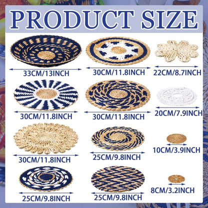 Xuhal 15 Pcs Boho Wall Basket Decor Handcrafted Seagrass Woven Wall Basket Rustic Round Woven Hanging Art for Home Farmhouse Kitchen Table Living Room(Blue Classic Style)