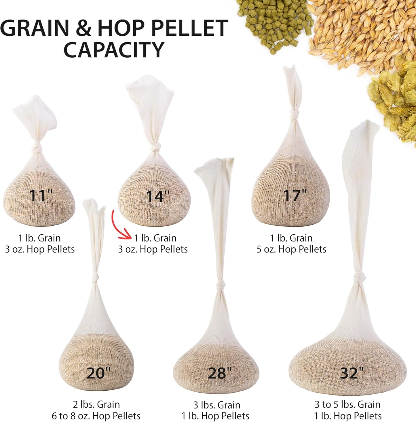 14' (5 Pack) Cotton Mesh Reusable Steeping Bags for Beer, Wine, Cider, Tea, Soups & Nut Milk, Hops & Grain Socks