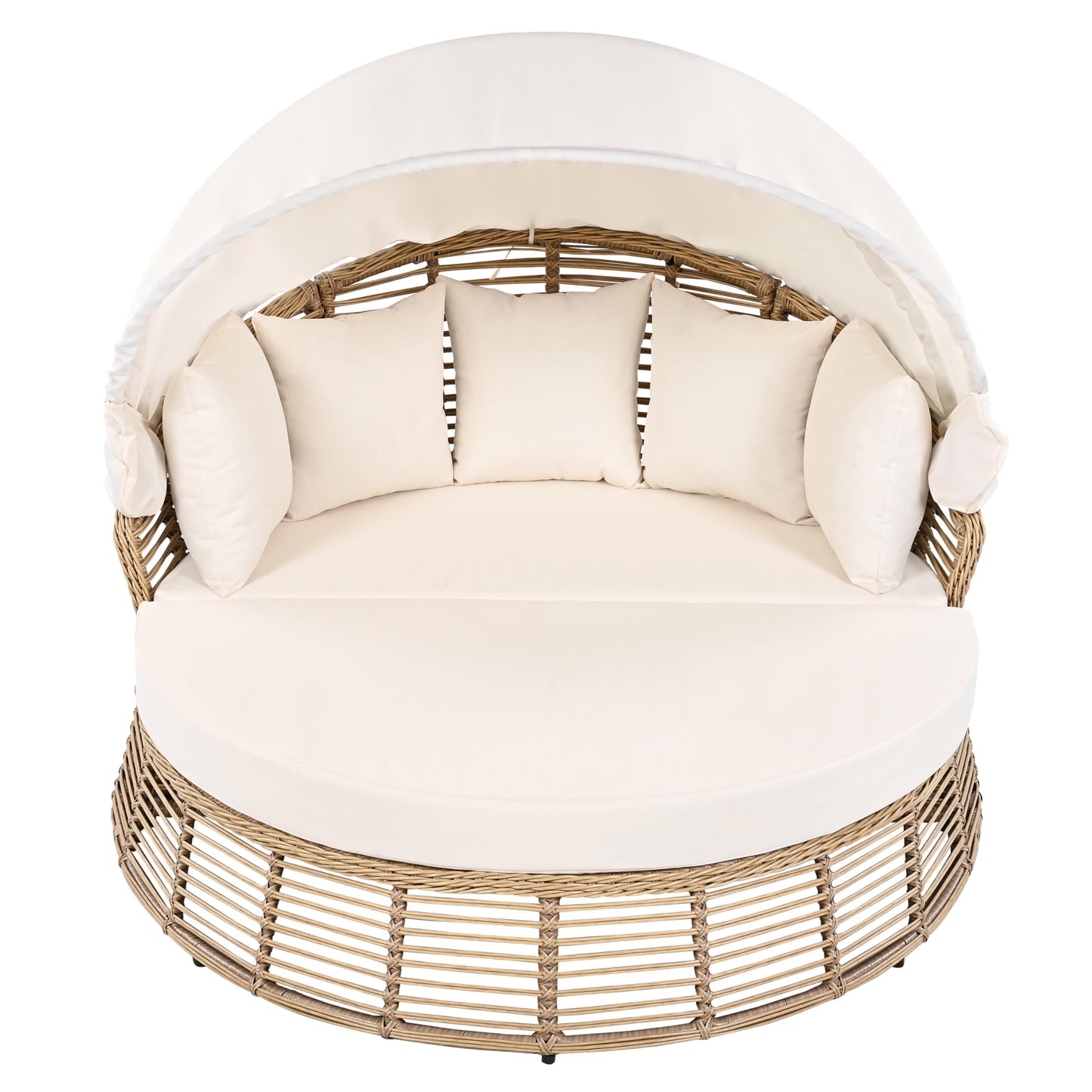 Merax Outdoor Chaise Lounge Daybed for Outside Patio Furniture Wicker with Retractable Canopy Recliner Yellow Rattan Sunbathing Lounger Sofa Sunbed Pool Reclining Sunbed, Khaki Cushion