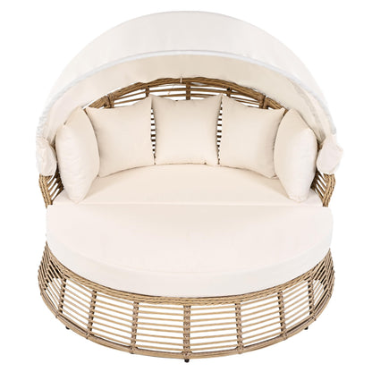 Merax Outdoor Chaise Lounge Daybed for Outside Patio Furniture Wicker with Retractable Canopy Recliner Yellow Rattan Sunbathing Lounger Sofa Sunbed Pool Reclining Sunbed, Khaki Cushion