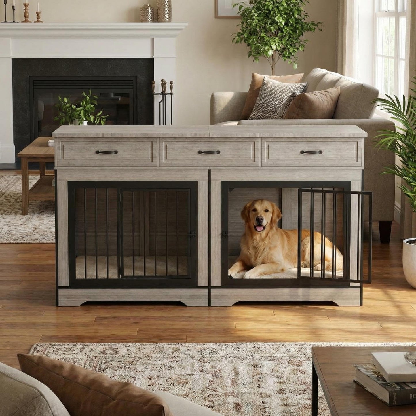 Extra Large Double Dog Crate Furniture – 70.9" Heavy Duty Wooden Kennel for 2 Medium or Large Dogs, Decorative End Table with 3 Drawers, TV Stand, Indoor Dog Cage with Double Doors