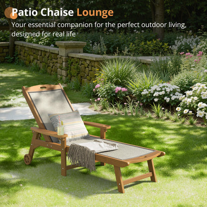 LUE BONA Chaise Lounge Chair Outdoor, HDPS and HDPE Wicker Material, Patio Lounge Chair with Adjustable Backrest, Resin Pool Lounge Chairs with Wheels for Backyard, Poolside and Deck,Teak