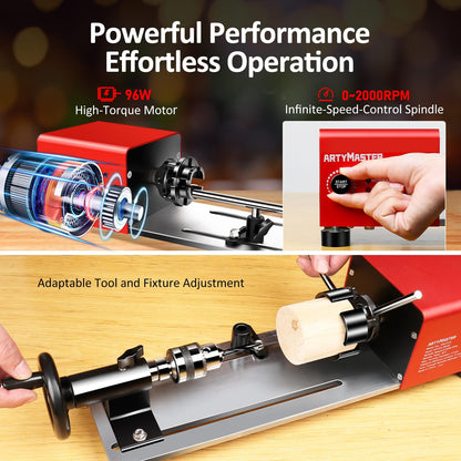 Mini Lathe, WM101A-Plus Mini Wood Lathe Machine, 24VDC 96W Power Lathe, Small Benchtop Lathe with Wood Turning Lathe Tools Kits, Infinitely Variable Speed, Professional for DIY Woodworking