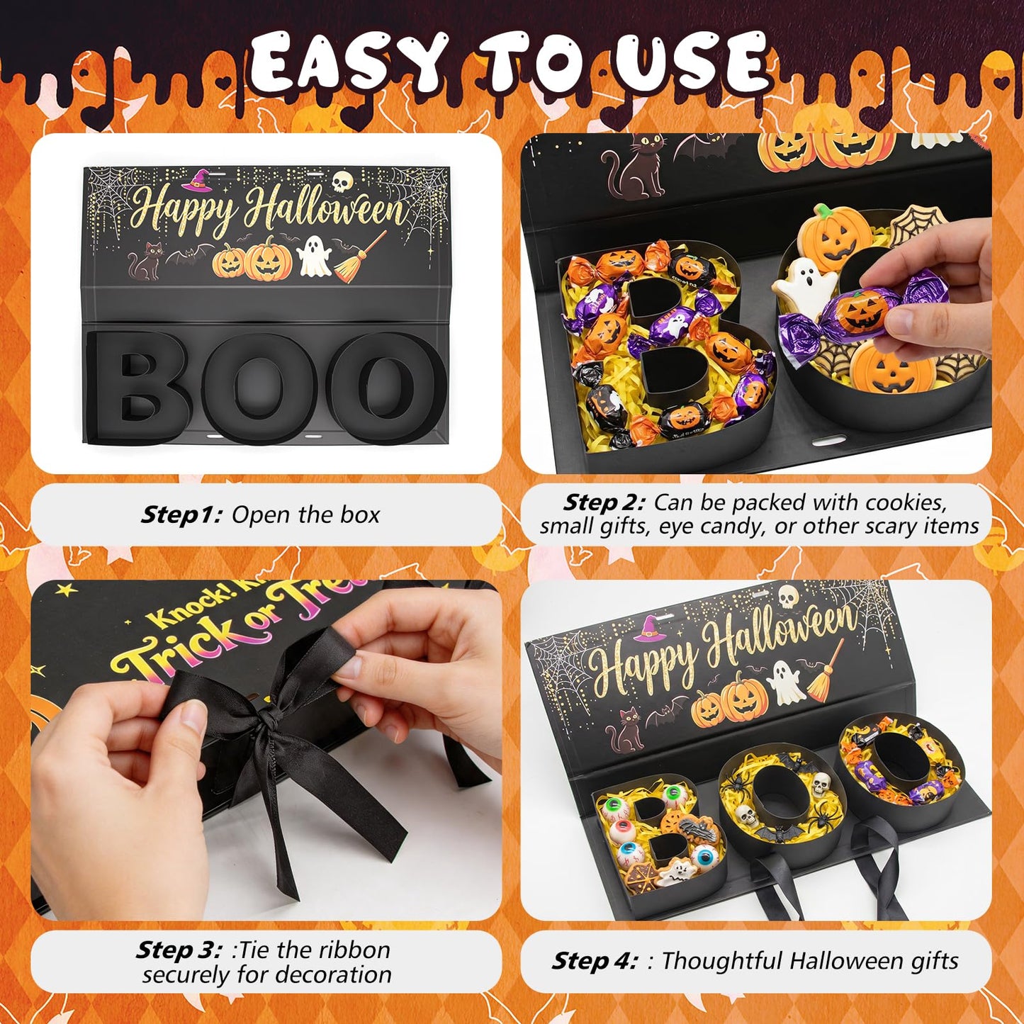 Halloween Candy Gift Box, BOO Letter Shaped DIY Fillable with Ribbon Raffia
