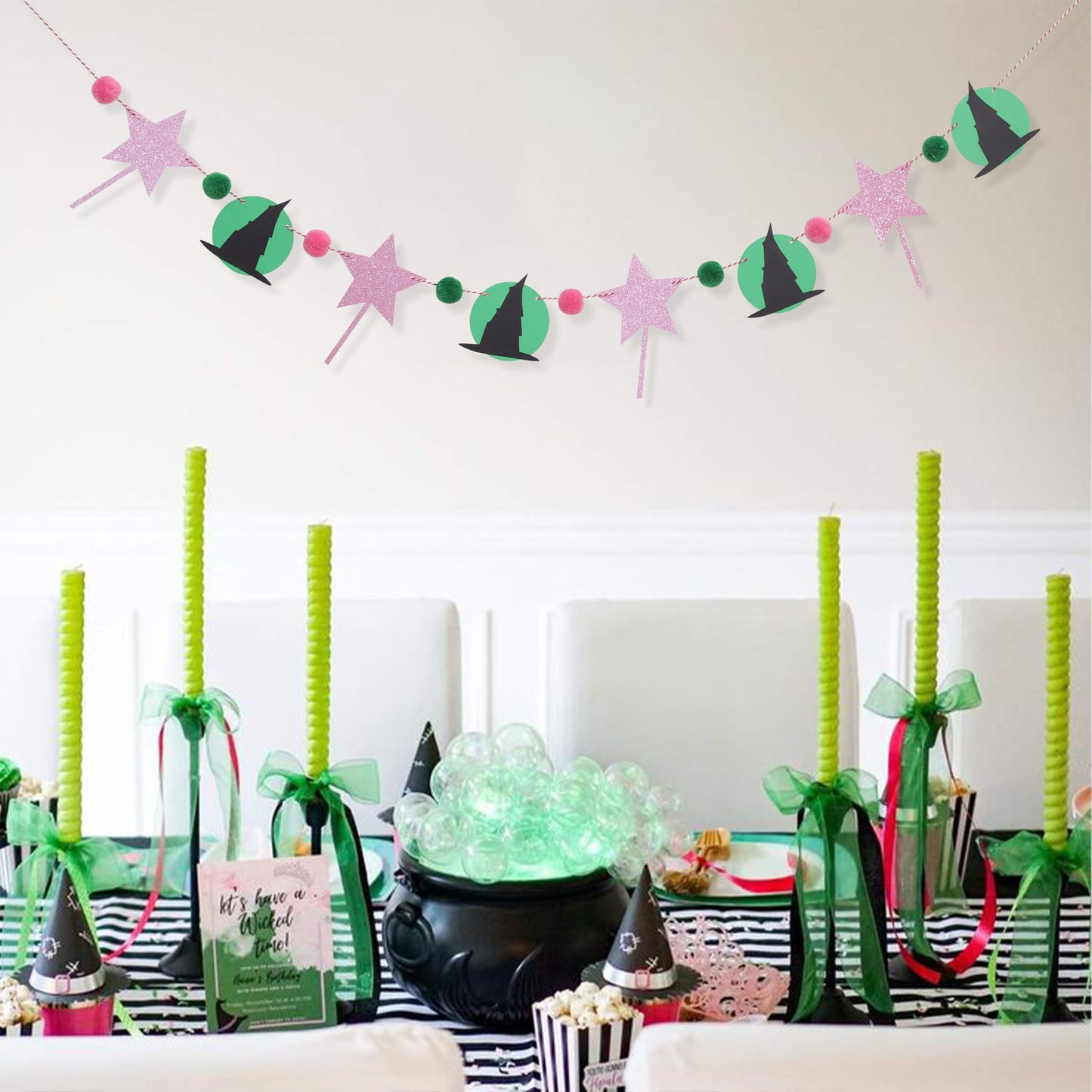 Witch Garland Banner – Pink Fairy Wand and Witch Hat Garland with Pom Poms, Halloween Magic Party Decorations for Girls Birthday, Wizard Theme Decor