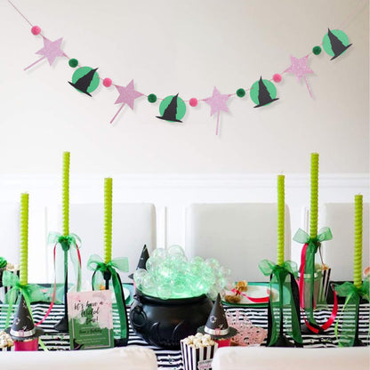 Witch Garland Banner – Pink Fairy Wand and Witch Hat Garland with Pom Poms, Halloween Magic Party Decorations for Girls Birthday, Wizard Theme Decor