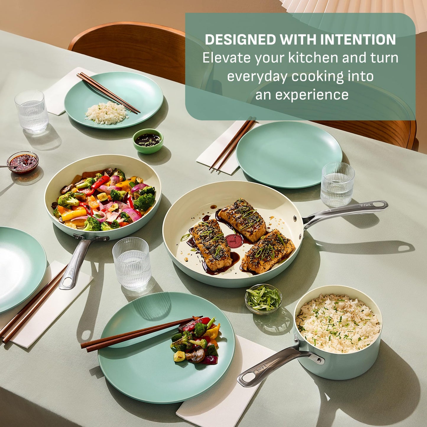 T-Fal Inspire Ceramic Nonstick Frying Pan 2-Pc Set, 8" & 10", Oven Broiler Safe up to 50°F Cookware, Ceramic Frying Pan Skillet, Pots & Pans, Mint Green