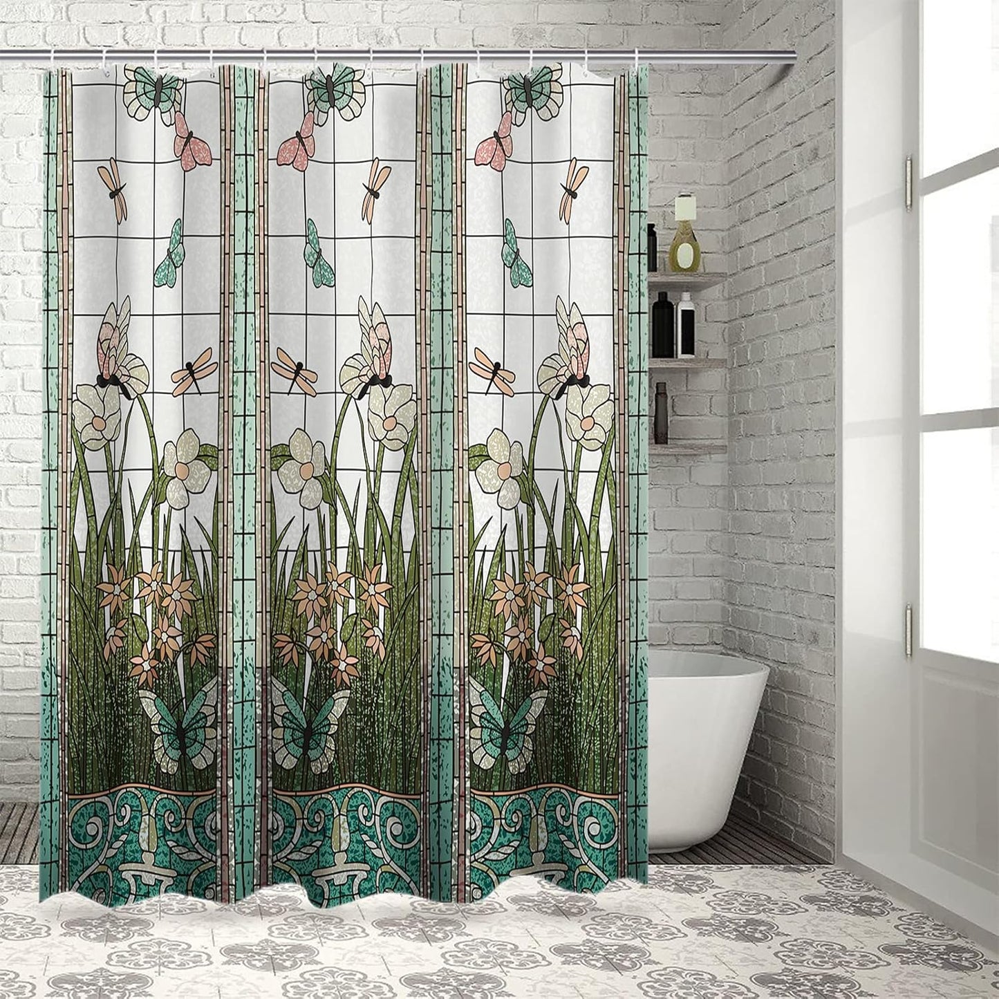 Extra Long Flower Dragonfly Waterproof Bathroom Fabric Shower Curtain 84 inch Bath Curtain