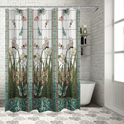 Extra Long Flower Dragonfly Waterproof Bathroom Fabric Shower Curtain 84 inch Bath Curtain