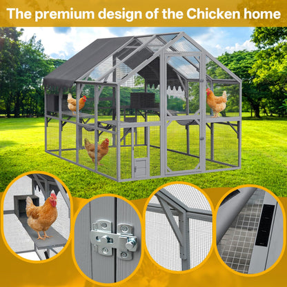 KEIKI 110"L Outdoor Large Chicken Coop with Waterproof Cover, Roosting Platform, Wire Mesh & 2 Lift Small Doors with Locks, Wood Chicken Coop House with Run for Cat Kitten Playpen, Duck, Rabbit, Quail