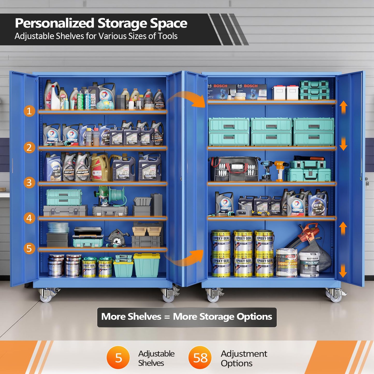 VINGLI Large Metal Storage Cabinet with 2 Doors and 5 Adjustable Shelves, Upgraded Height & Wide & Deep, 43''W x 20''D x 72''H, Oversized Garage Storage Cabinet with Wheels and Locks (Blue)