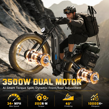 FREESKY Dual Motor Electric Bike for Adults 3500W Fast Ebike 105Miles Long Range 48V 25A Electric Mountain Bike 34MPH Dirt E Bike 26'' Fat Tire Full Suspension Electric Bicycle for Women/Man Black
