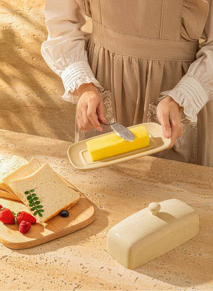 Sweese Butter Dish with Lid, Porcelain Butter Keeper, 7.8 Inch Butter Holder with Handle Cover, Butter Container Perfect for East West Coast Butter, Beige