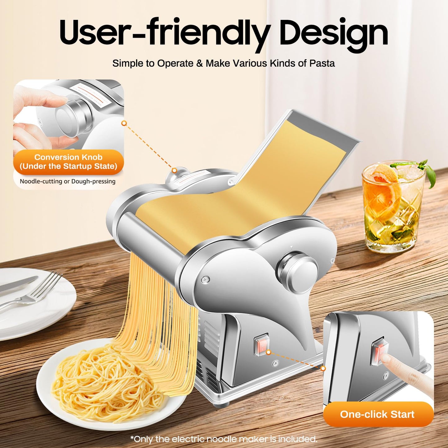 Electric Pasta Maker Machine 135W Family Noodle Maker Pasta Dough Spaghetti Roller Pressing Machine Stainless Steel for Home Family Use (1.5mm Flat Noodle+4mm Flat Noodle)