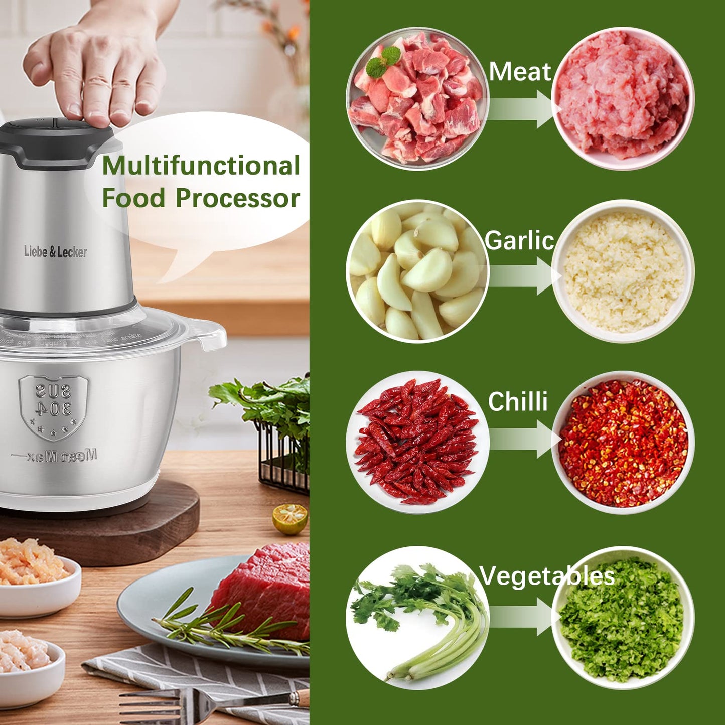 Liebe&Lecker Food Processor, Meat Grinder with 1 Bowl 8 Cup, Electric Food Chopper with 4 Large Sharp Blades for Meat, Fruits, Vegetables, Baby Food, Nuts, 2 Speed