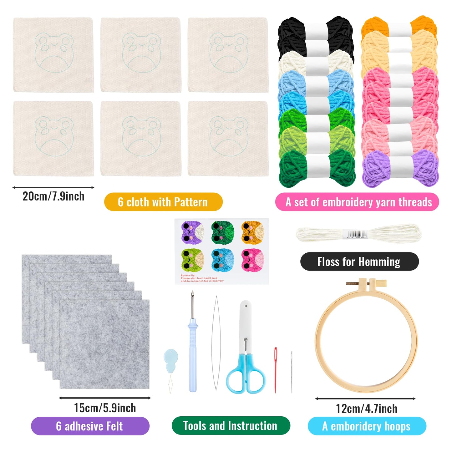 WATINC Frog Punch Needle Coaster Kit - 22Pcs Crafts Punch Needle Coasters Kits for Beginners, Frog Patterns Coaster Tufted Rug Pads with Adhesive Felt Yarns Embroidery Hoop Instruction
