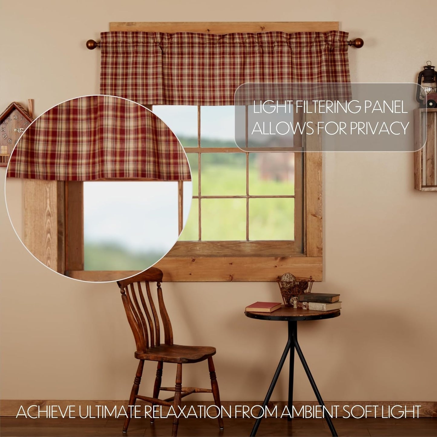 VHC Brands Rustic Thanksgiving Kitchen Curtain, Beckham Plaid Rod Pocket Cotton Valance, 16x60 Inches, Rust Red