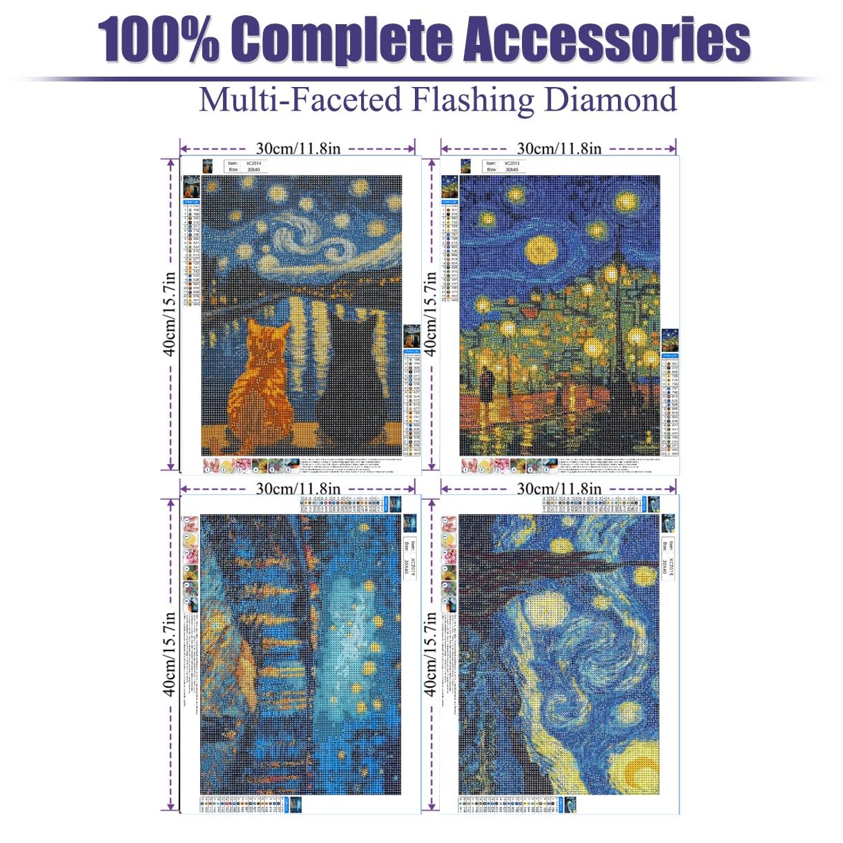 Bzconxin 4 Pack Diamond Painting Kits for Adults,Starry Night Diamond Art Kits for Beginners,Diamond Dots Gem Art Crafts Round Full Drill Funny Crafts for Home Wall Decor&Gift-12x16inch