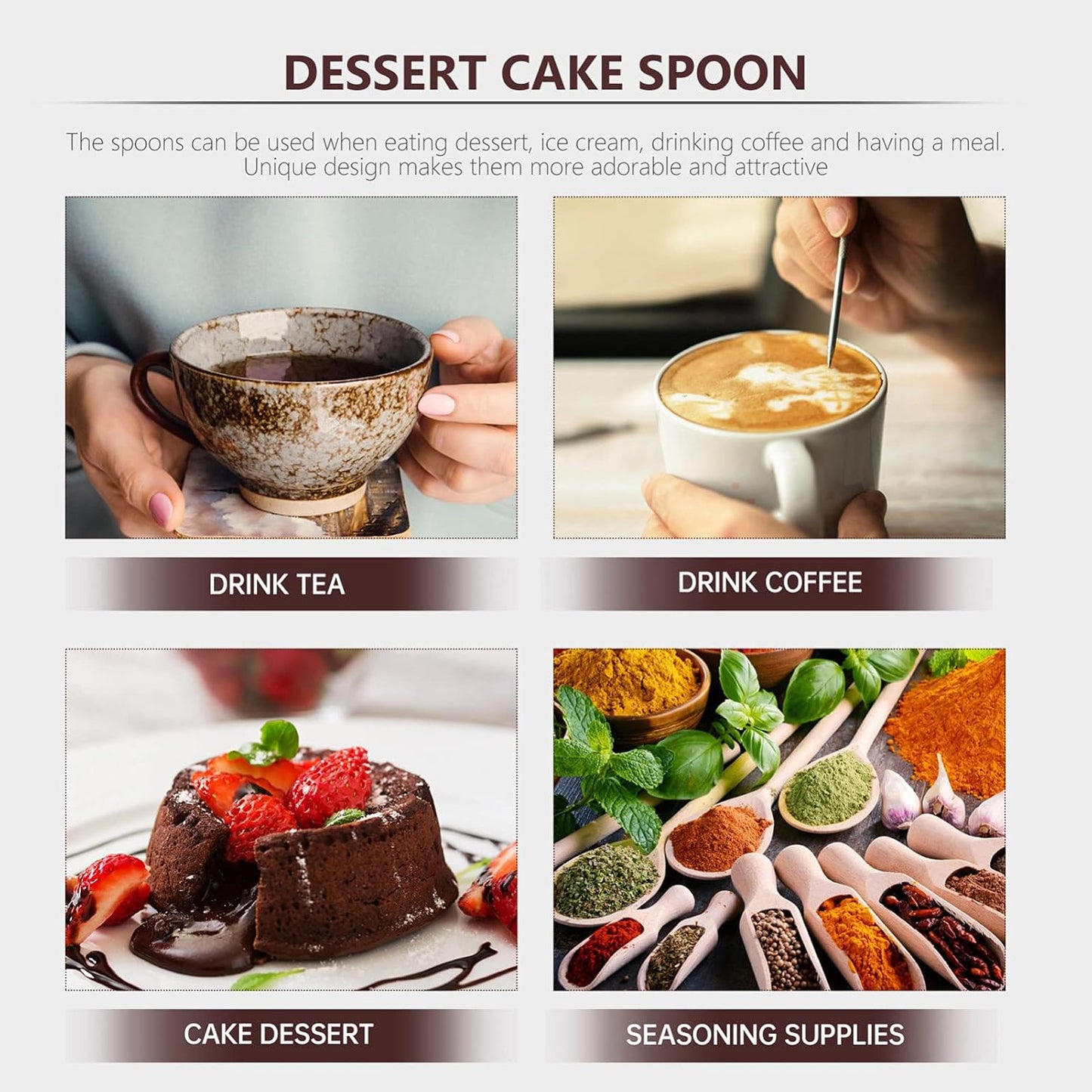 Hemoton 5pcs Stainless Steel Dessert Spoons, Wood Handle Tea Spoons, Ice Cream Cake Tasting Spoon, Dinner Spoon for