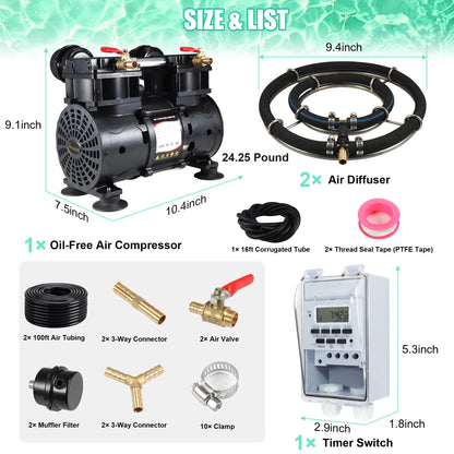 Goldlife A2 Pond Aerator, 7CFM Pond Aeration System for Up to 5 Acre Lake,110V/120V 1HP 750W Compressor & 2 Self-sinking Hoses 100FT & 2 Diffusers & Timer & 16FT Tube, Air Pump for Water Circulation