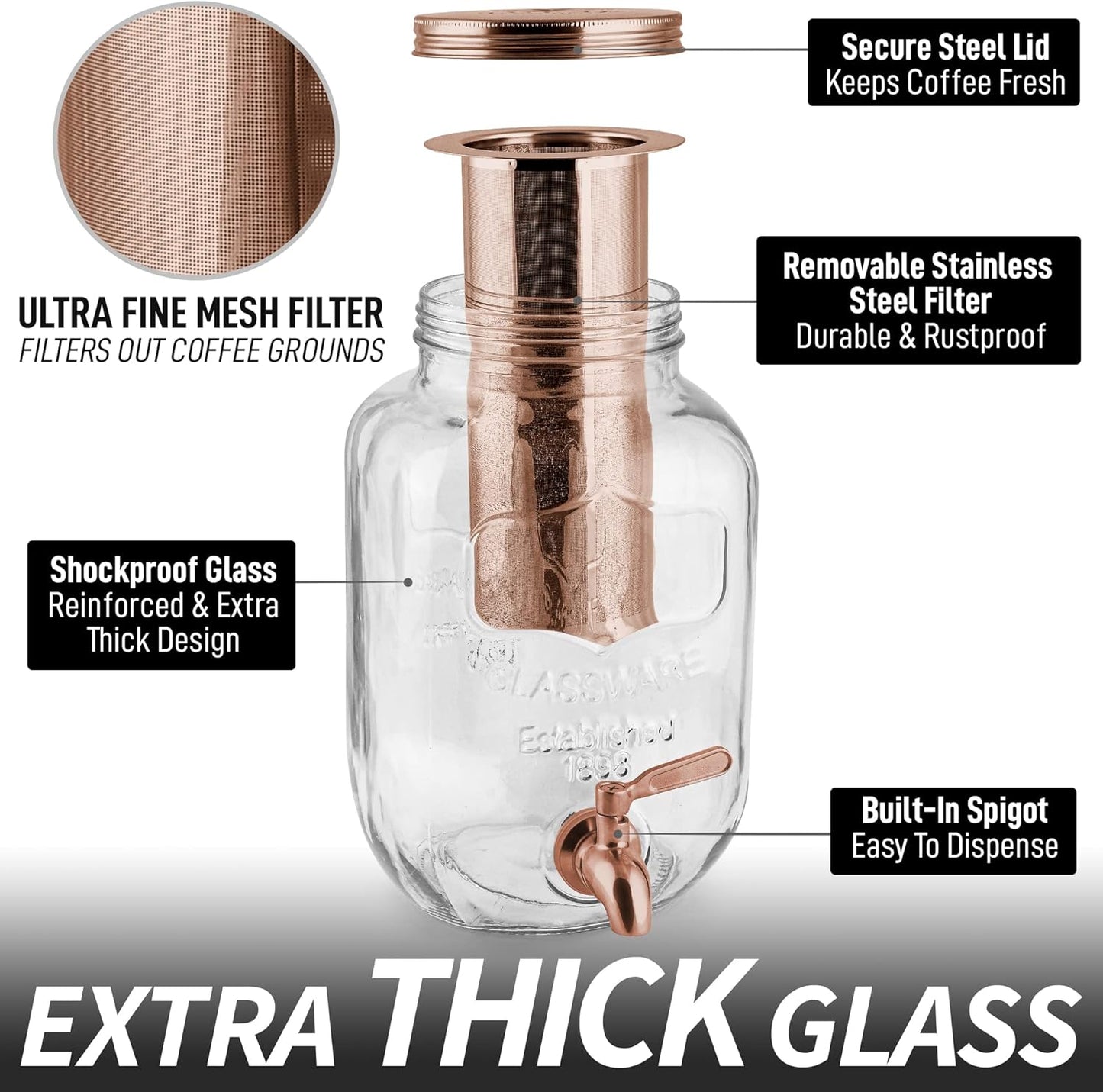 1 Zulay Kitchen Gallon Cold Brew Coffee Maker - Large Iced Tea & Cold Brew Pitcher with Extra-Thick Glass & Stainless