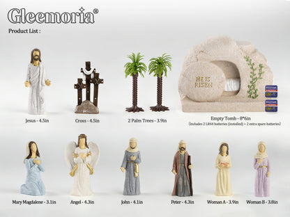 Easter Decorations for Home – 11 Pieces LED Resurrection Scene Set with Empty Tomb & Cross Shaped Resin Table Decor, Jesus Statue Set, Christian Easter Table Decorations & Mantel Decorations